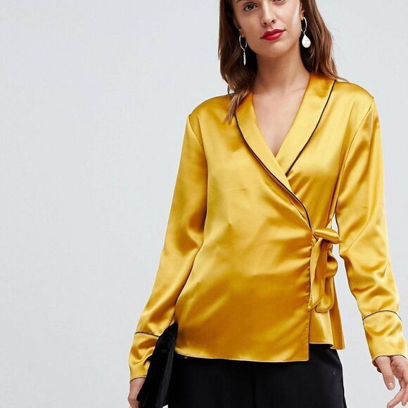 ASOS DESIGN satin wrap top with piping detail and long sleeves 8 - Picture 3 of 11